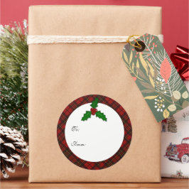 レッドクリスマスタータンチェックホリーtwigあなたのテキストギフトラベル ラウンドシール