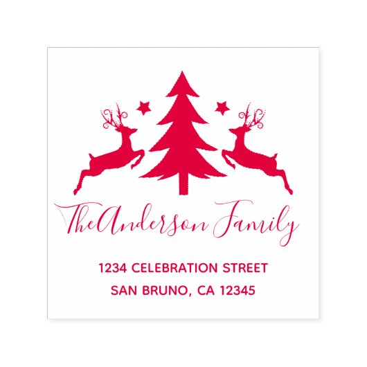 レッドクリスマスツリーとトナカイ差出人住所 セルフインキングスタンプ (デザイン)