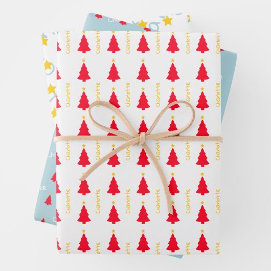 レッドクリスマスツリーイエロースターミニマリスト ラッピングペーパーシート (インサイチュ)