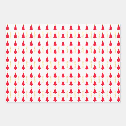レッドクリスマスツリーイエロースターミニマリスト ラッピングペーパーシート (正面)