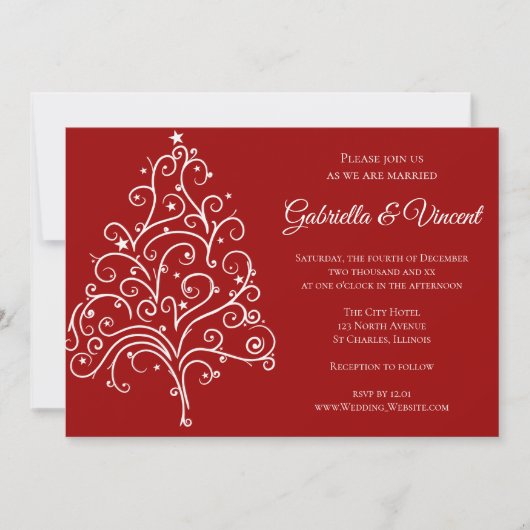 レッドクリスマスツリーウィンターウェディング招待状 招待状 (正面)