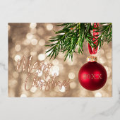 レッドクリスマスツリーオーナメントバラ金ゴールド 箔招待状 (正面)