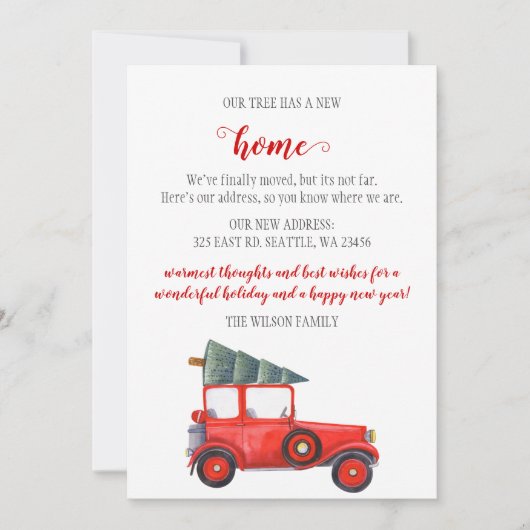 レッドクリスマスツリーカー引っ越しましたホリデーカード (正面)