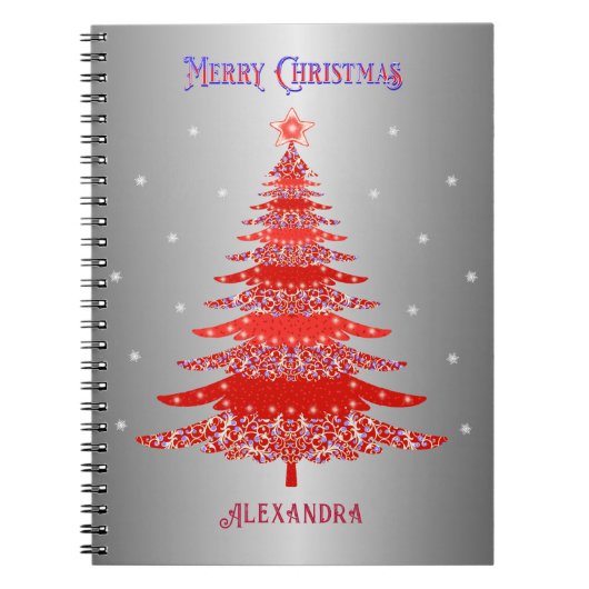 レッドクリスマスツリースノーフレーク名前をカスタムするシルバー ノートブック (正面)
