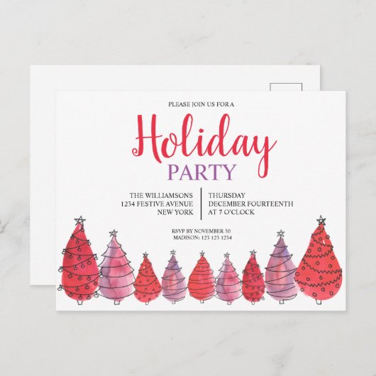 レッドクリスマスツリーズホリデー招待状はがき インビテーションポストカード (正面/裏面)