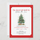 レッドクリスマスツリーベビーシャワー招待状 サンキューカード (正面)