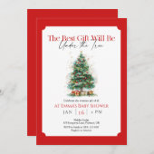 レッドクリスマスツリーベビーシャワー招待状 サンキューカード (正面/裏面)