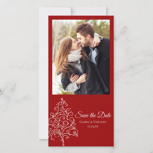 レッドクリスマスツリー冬の結婚式の日付を保存 セーブザデート (正面)