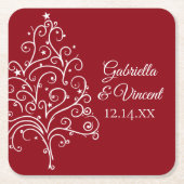 レッドクリスマスツリー冬の結婚式 スクエアペーパーコースター (正面)