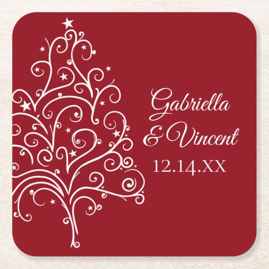 レッドクリスマスツリー冬の結婚式 スクエアペーパーコースター (正面)