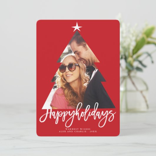 レッドクリスマスツリー切り出しハッピーホリデーズフォト シーズンカード (スタンド正面)