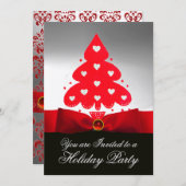 レッドクリスマスツリー、ホワイトブラックダマスクパーティー 招待状 (正面/裏面)