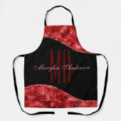 レッドクリスマスディスコきらめくカスタムモノグラム エプロン (正面)