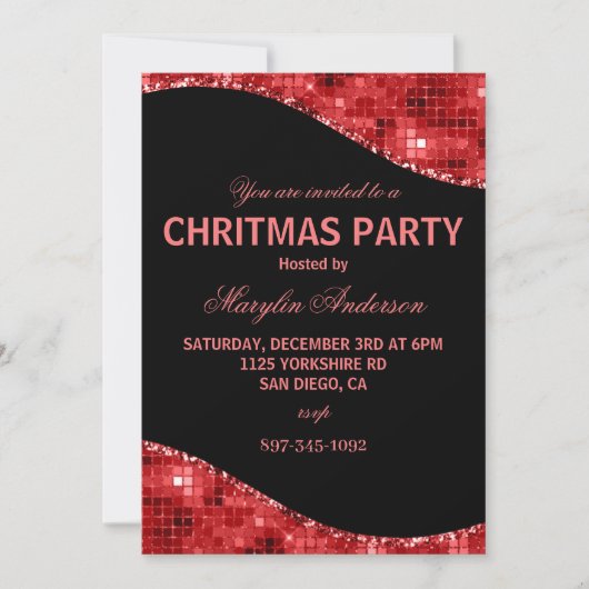 レッドクリスマスディスコきらめくカスタム 招待状 (正面)