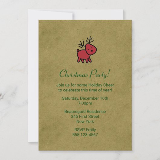 レッドクリスマストナカイイラストレーションパーティー招待状 招待状 (正面)