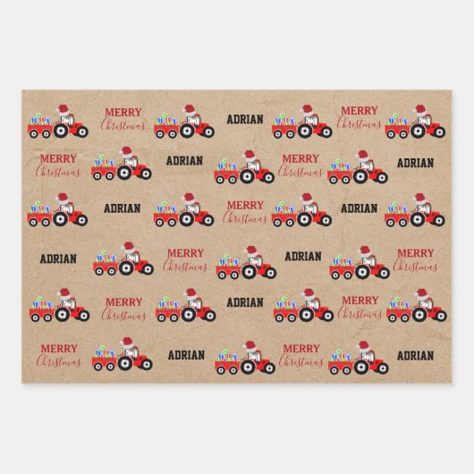 レッドクリスマストラクタートラックファーム名前をカスタムするクラフト ラッピングペーパーシート (正面3)