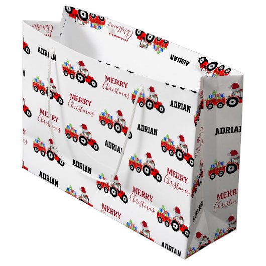 レッドクリスマストラクタートラックファーム名前をカスタムする ラージペーパーバッグ (正面アングル)