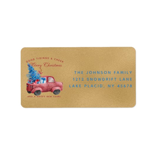 レッドクリスマストラックのイラストレーション住所 ラベル (正面)
