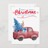 レッドクリスマストラックイラストレーションホリデーグリーティング シーズンポストカード (正面/裏面)