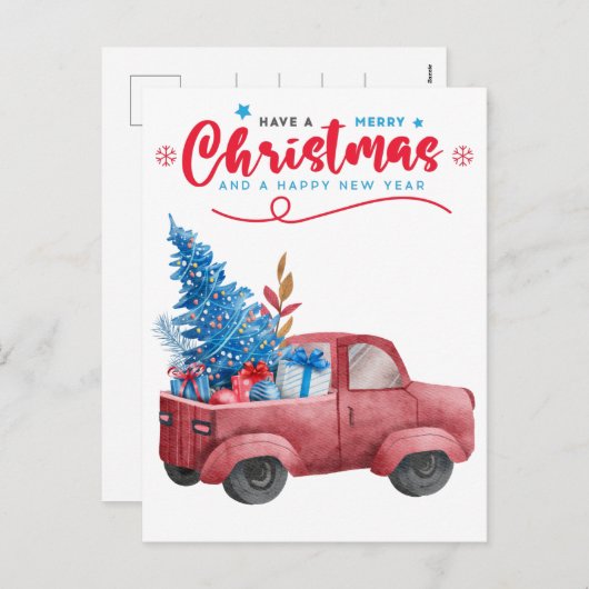 レッドクリスマストラックイラストレーションホリデーグリーティング シーズンポストカード (正面/裏面)
