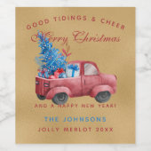 レッドクリスマストラックウォーターカラーイラストレーション ワインラベル (シングルラベル)