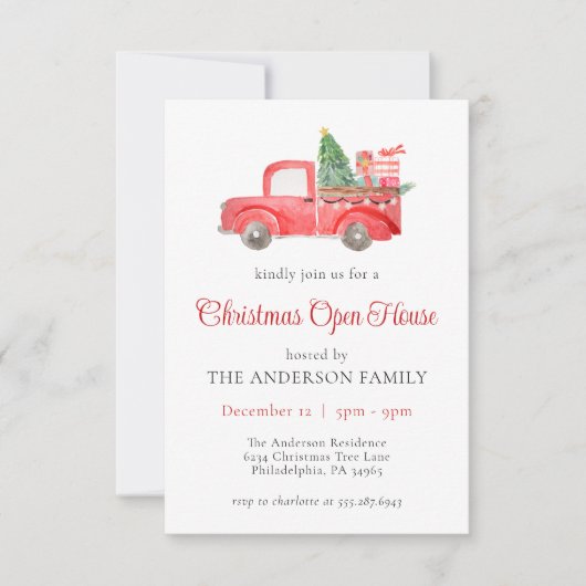 レッドクリスマストラックオープンハウスパーティの招待状 ノートカード (正面)