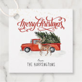 レッドクリスマストラック&トナカイ |休日のラベル フェイバータグ (正面)