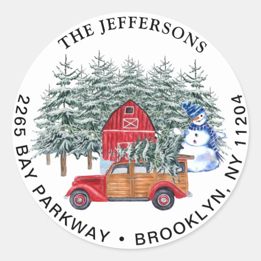 レッドクリスマストラック&雪だるま差出人住所ラベル ラウンドシール (正面)