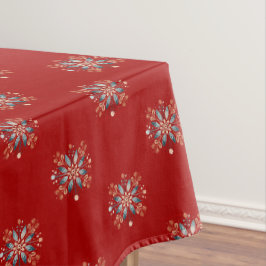 レッドクリスマスノルディックフォークのスノーフレークパターン テーブルクロス