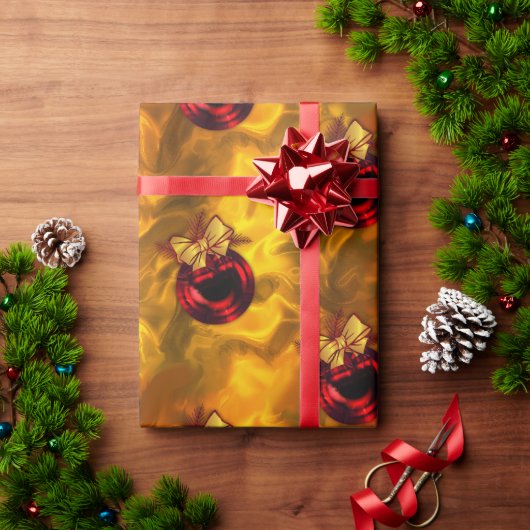レッドクリスマスバウブルオン金ゴールド ラッピングペーパー (クリスマスギフト)