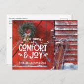 レッドクリスマスバーンカントリースクリプト心地よいと喜び シーズンポストカード (正面/裏面)