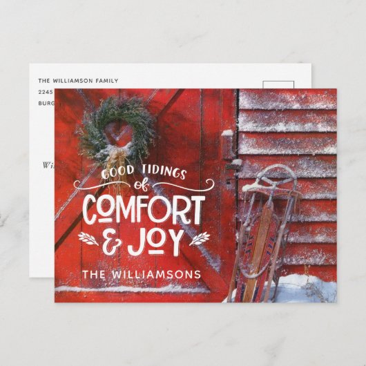 レッドクリスマスバーンカントリースクリプト心地よいと喜び シーズンポストカード (正面/裏面)