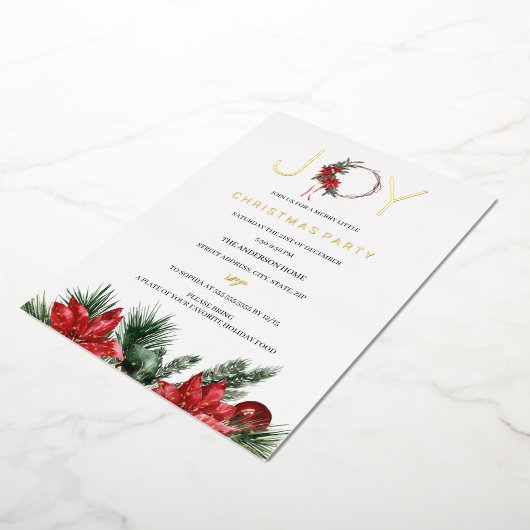 レッドクリスマスパーティージョイリーフリース 箔招待状 (回転した状態)