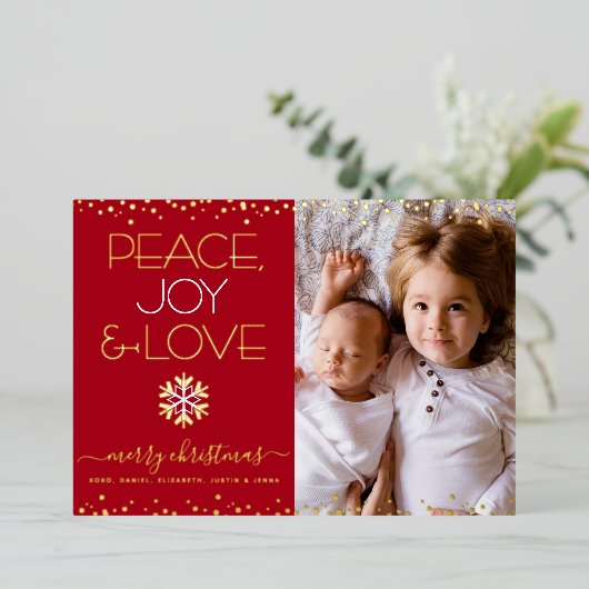 レッドクリスマスピースJoy Love写真実在金ゴールド 箔シーズンカード (立ち正面)