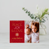 レッドクリスマスピースJoy Love写真実在金ゴールド 箔シーズンポストカード (立ち正面)
