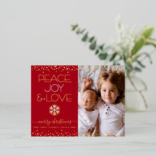 レッドクリスマスピースJoy Love写真実在金ゴールド 箔シーズンポストカード (立ち正面)