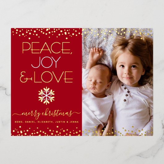 レッドクリスマスピースJoy Love写真実在金ゴールド 箔シーズンポストカード (正面)