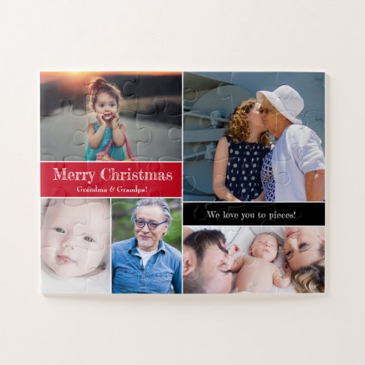レッドクリスマスフォトコラージュ私たちはピースにあなたを愛している ジグソーパズル (横)