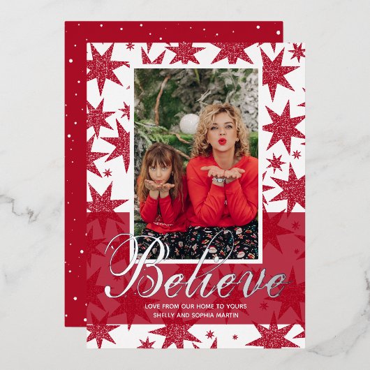 レッドクリスマスフォト信じフォイルホリデーカード 箔シーズンカード (正面/裏面)