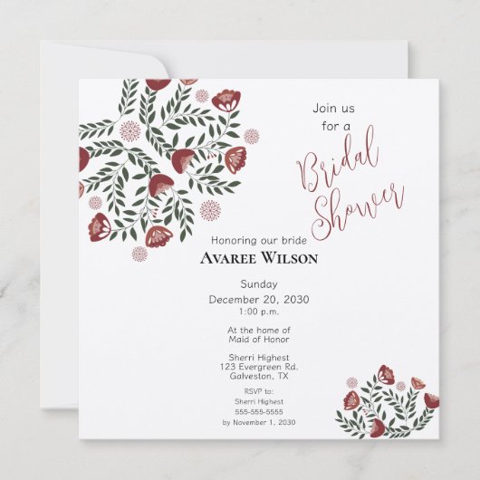 レッドクリスマスフォークアートフローラ 招待状 (正面)