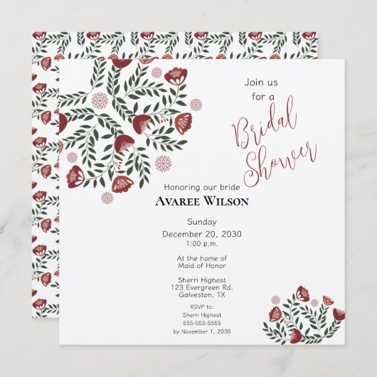 レッドクリスマスフォークアートフローラ 招待状 (正面/裏面)