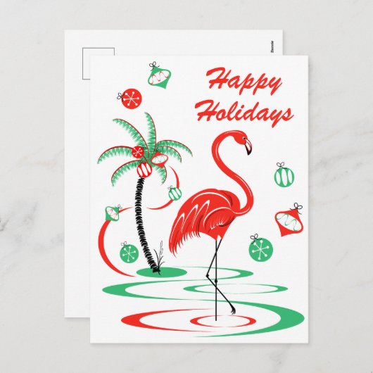 レッドクリスマスフラミンゴハッピーホリデーズポートレート シーズンポストカード (正面/裏面)