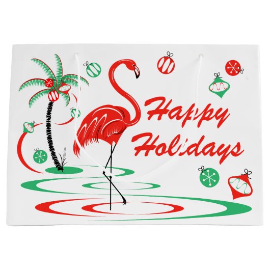 レッドクリスマスフラミンゴハッピーホリデーズラージ ラージペーパーバッグ (正面)