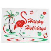 レッドクリスマスフラミンゴハッピーホリデーズラージ ラージペーパーバッグ (裏面)