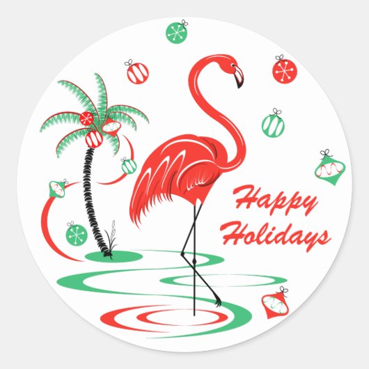 レッドクリスマスフラミンゴバウブルズホリデーズラウンド ラウンドシール (正面)