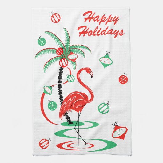 レッドクリスマスフラミンゴホリデーズキッチンタオル キッチンタオル (縦)