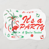 レッドクリスマスフラミンゴボーブルズパーティーブラケット 招待状 (正面/裏面)