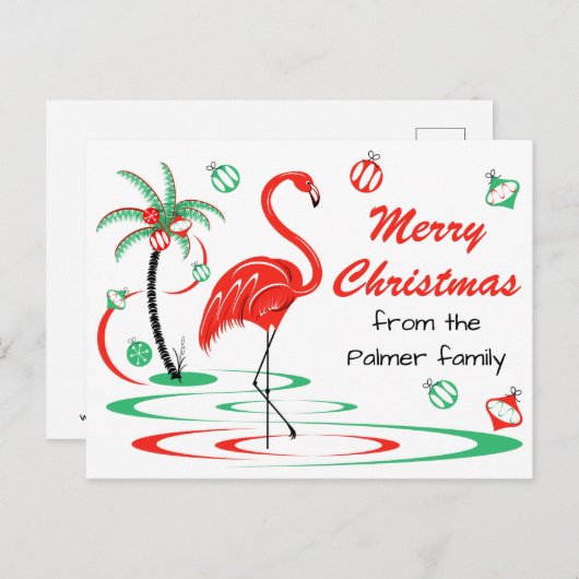 レッドクリスマスフラミンゴメリークリスマス文字 ポストカード (正面/裏面)