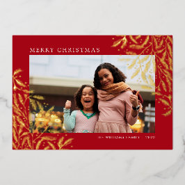 レッドクリスマスブランチ箔ホリデーフォトカード 箔シーズンカード