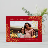 レッドクリスマスブランチ箔ホリデーフォトカード 箔シーズンカード (立ち正面)
